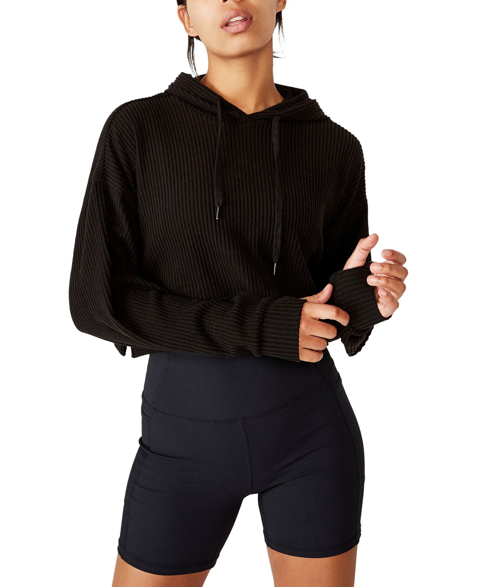 COTTON ON Women Rib Cropped Hooded Sweatshirt Black