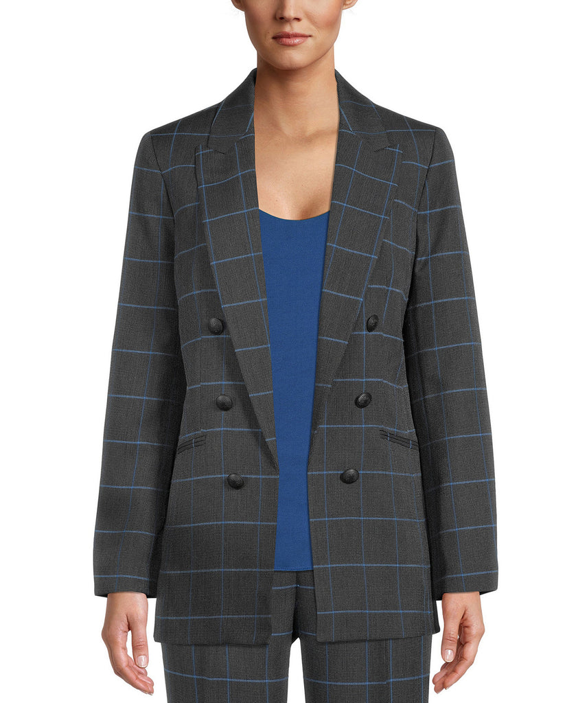 Bar III Women Windowpane Faux Double Breasted Jacket Black Storm