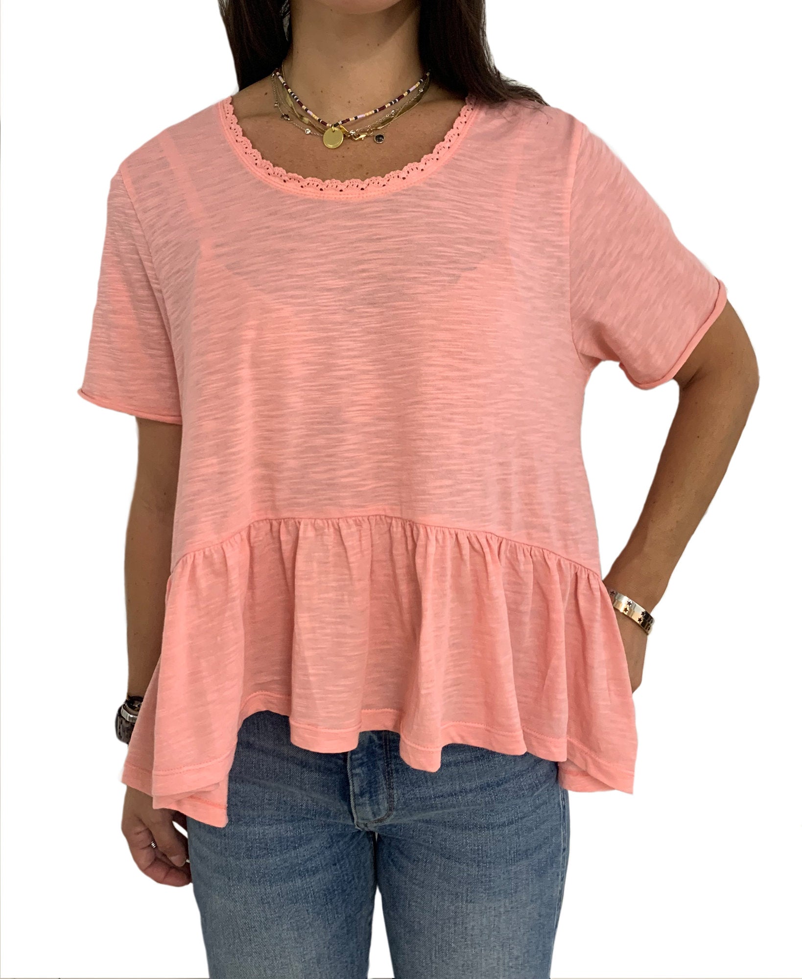 Vanilla Star Women Lace Trim Flounce Hem Top Sunset