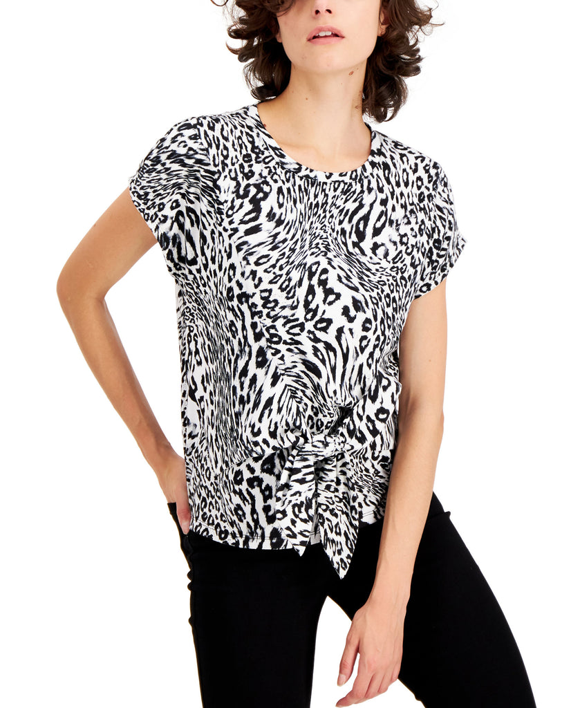 INC International Concepts Women Cotton Tie Front T Shirt Marble Cheetah