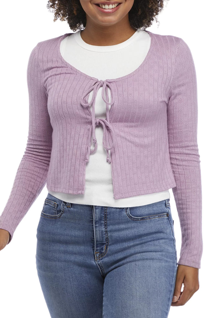 Belle Du Jour Women Long Sleeve Pointelle Tie Front Cardigan Lavender Mist