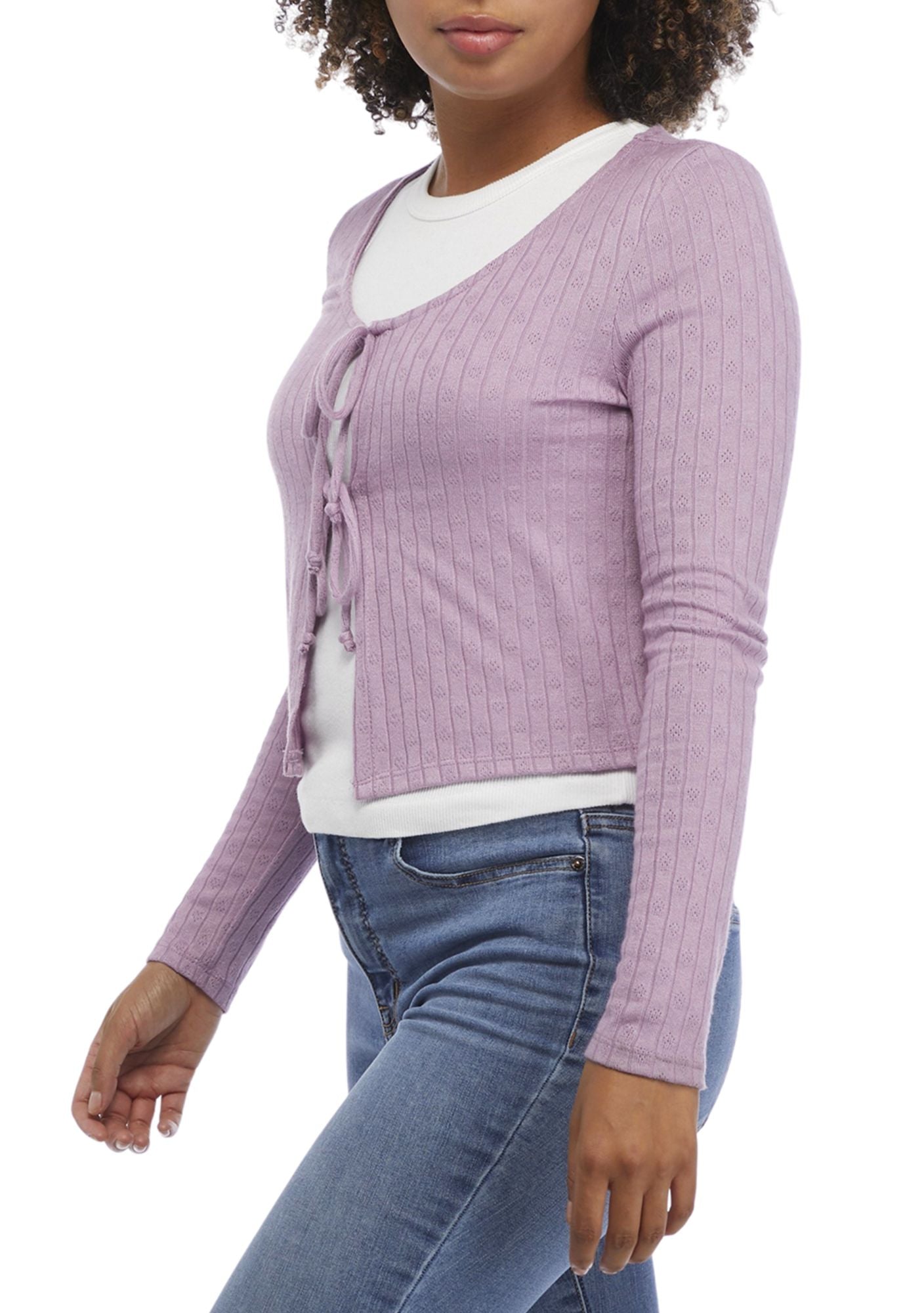 Belle Du Jour Women Long Sleeve Pointelle Tie Front Cardigan