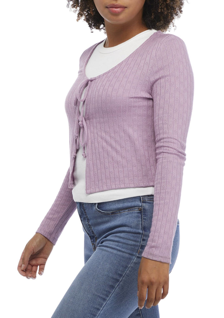 Belle Du Jour Women Long Sleeve Pointelle Tie Front Cardigan