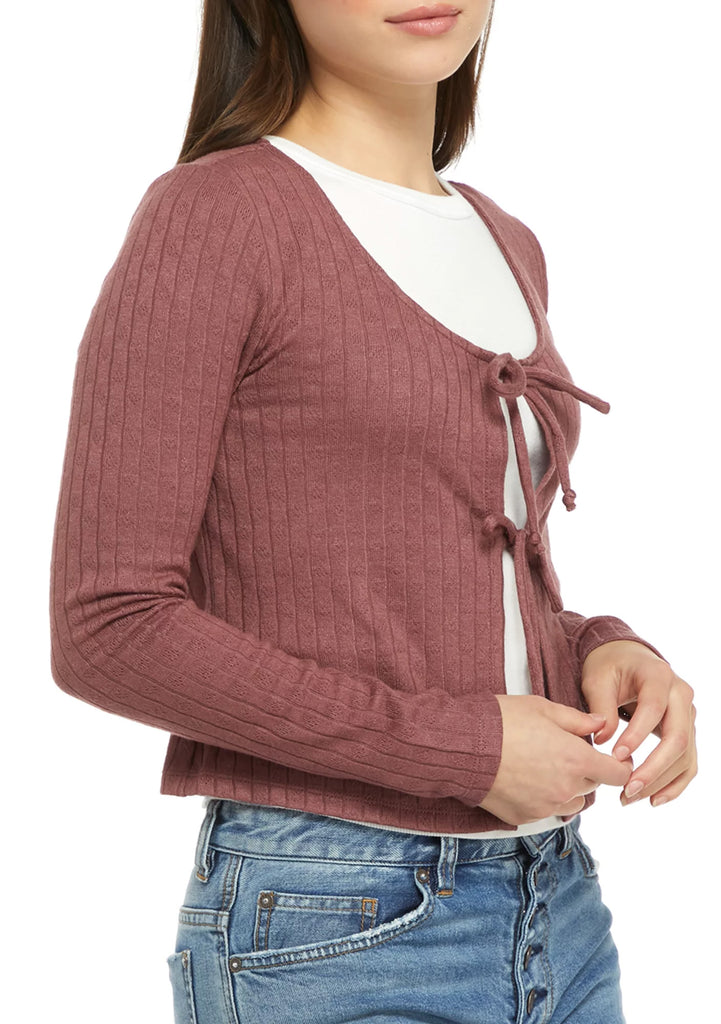 Belle Du Jour Women Long Sleeve Pointelle Tie Front Cardigan