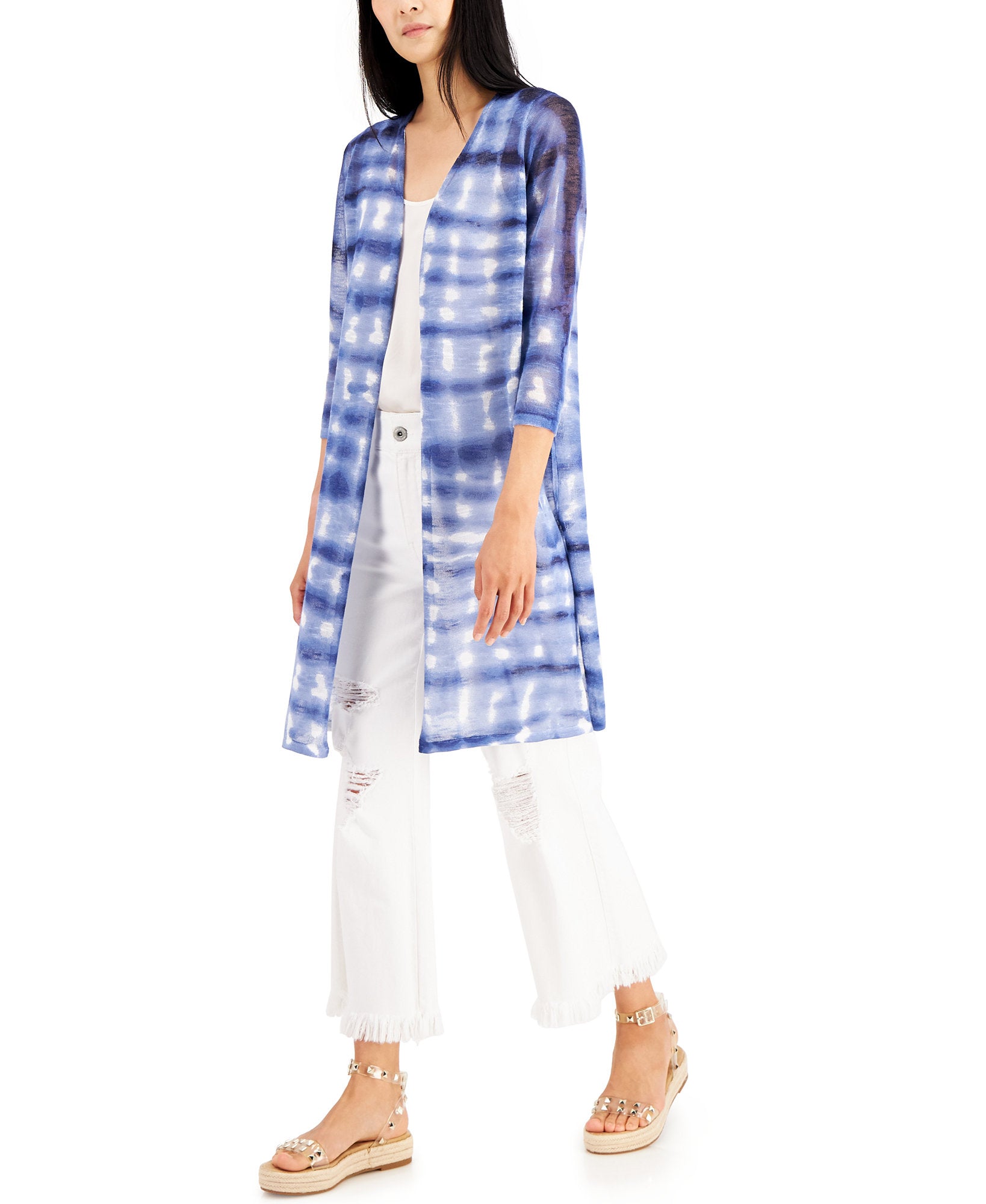 INC International Concepts Women Tie Dyed Cozy Cardigan Indigo Sea