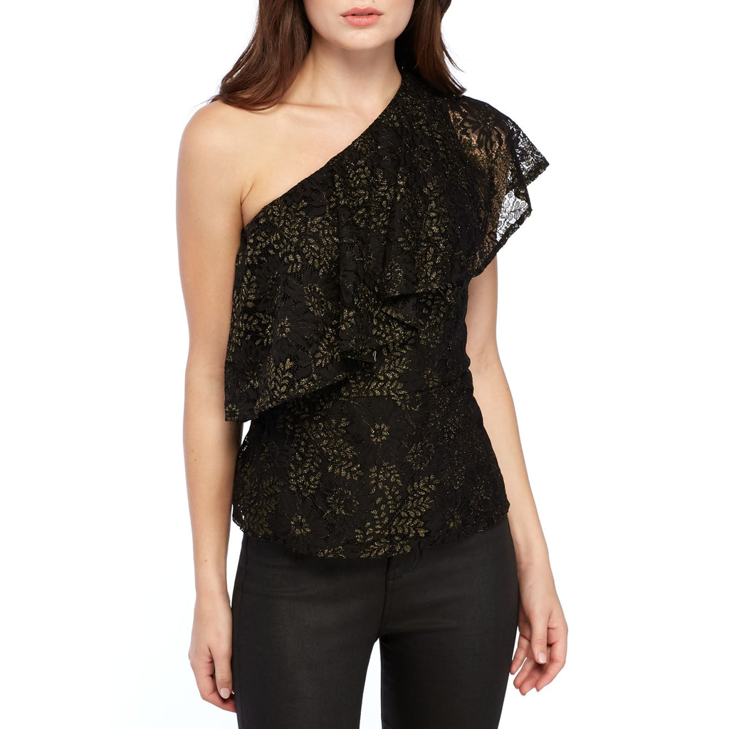 Nanette Nanette Lepore Women Ruffle One Shoulder Lace Top Black Gold