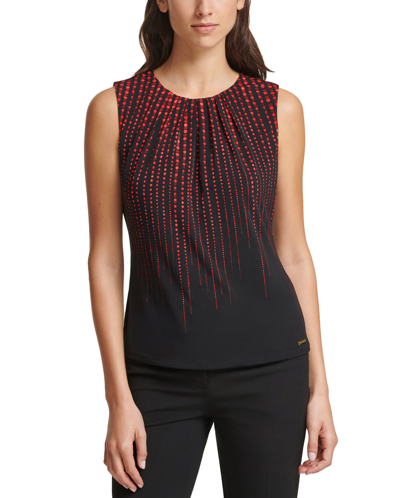 Calvin-Klein-Women-Dot-Print-Pleat-Neck-Top-Red-Multi