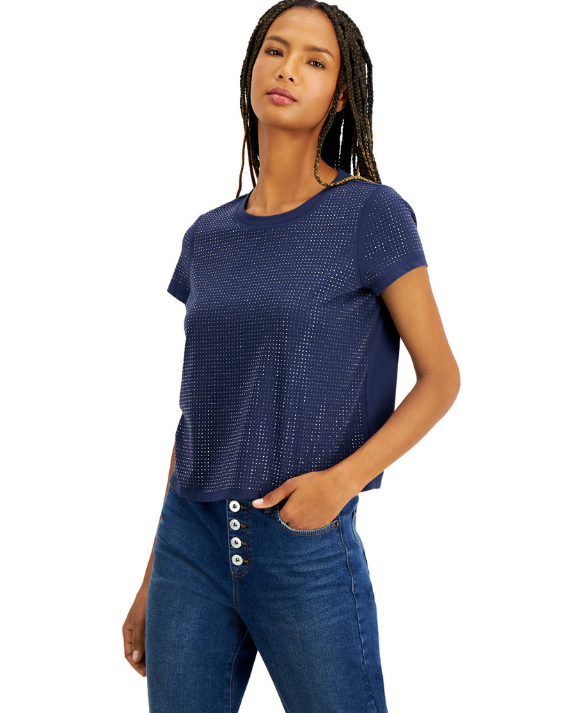 INC International Concepts Women Studded Tee Blue