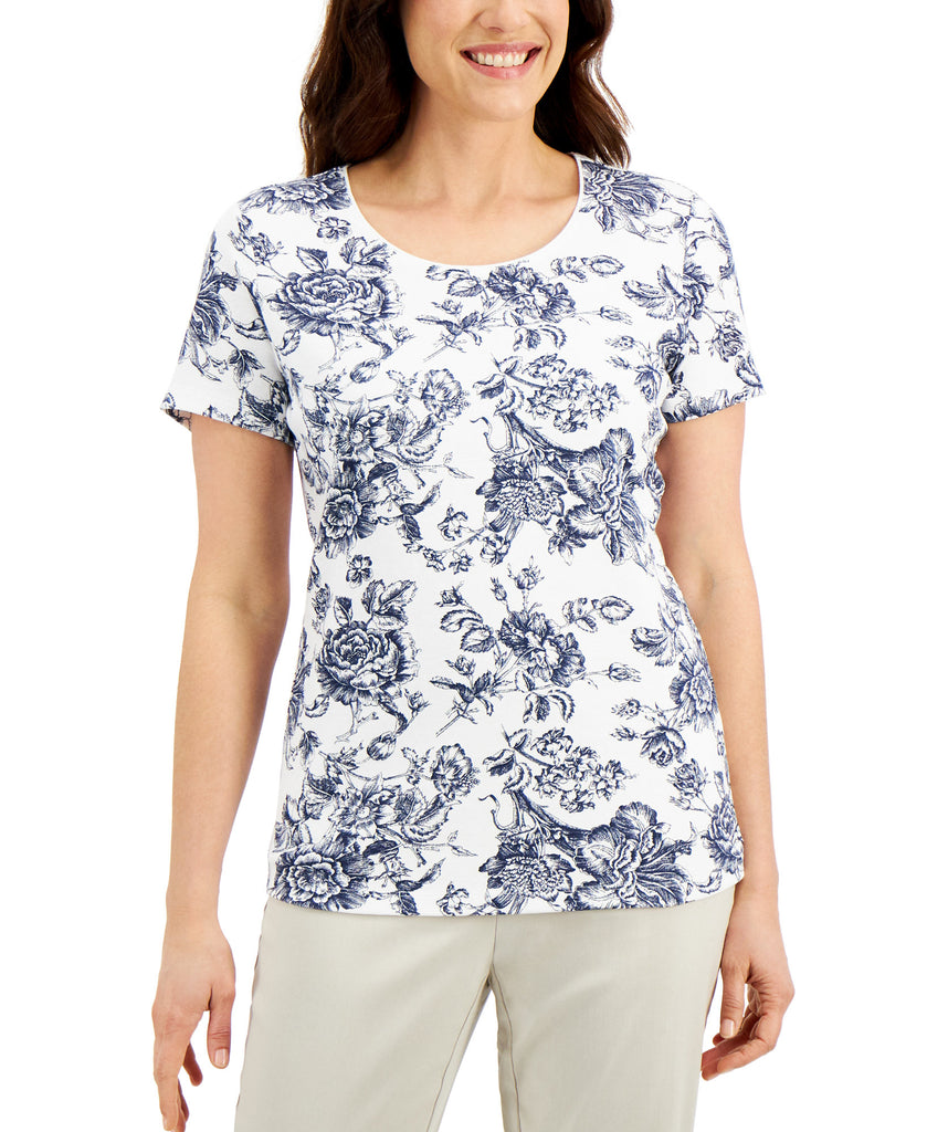 Karen Scott Women Floral Print Top Bright White