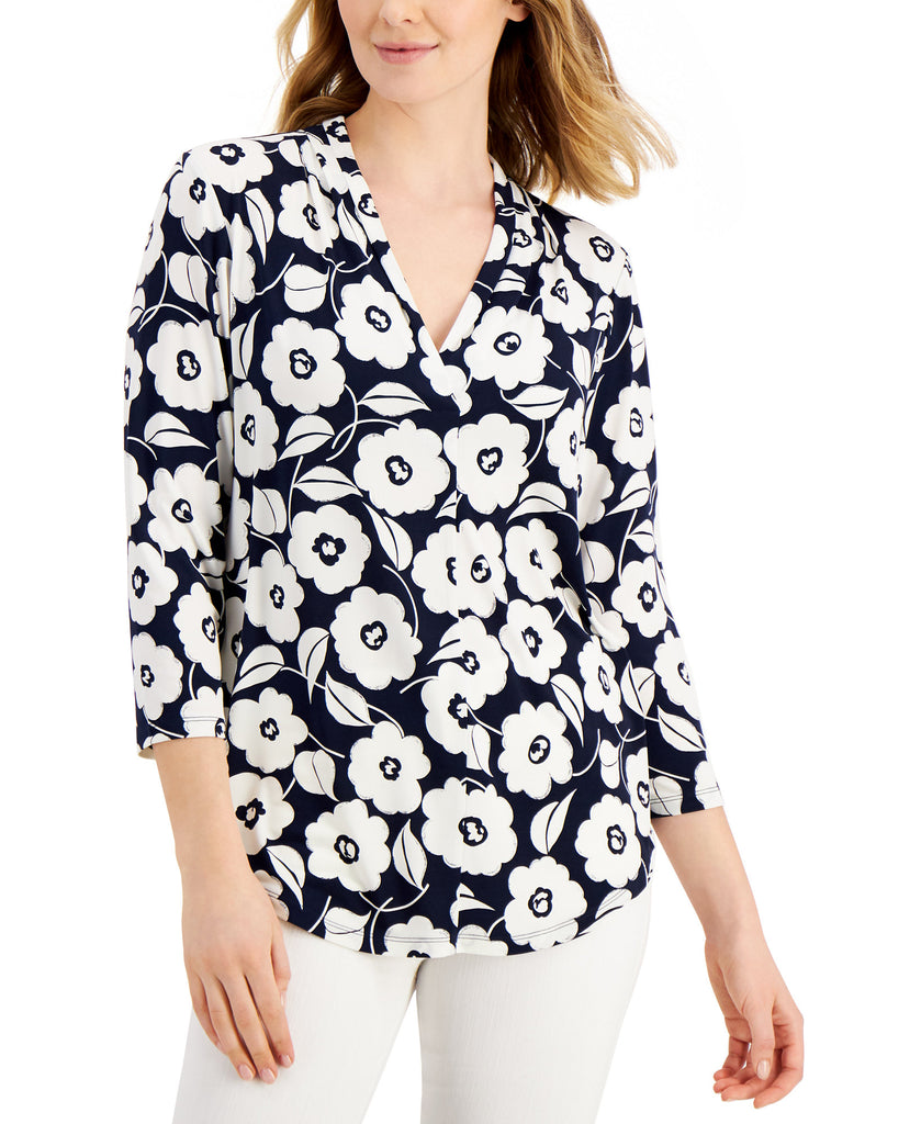 Charter Club Women Petite Floral Shirt Intrepid Blue Combo