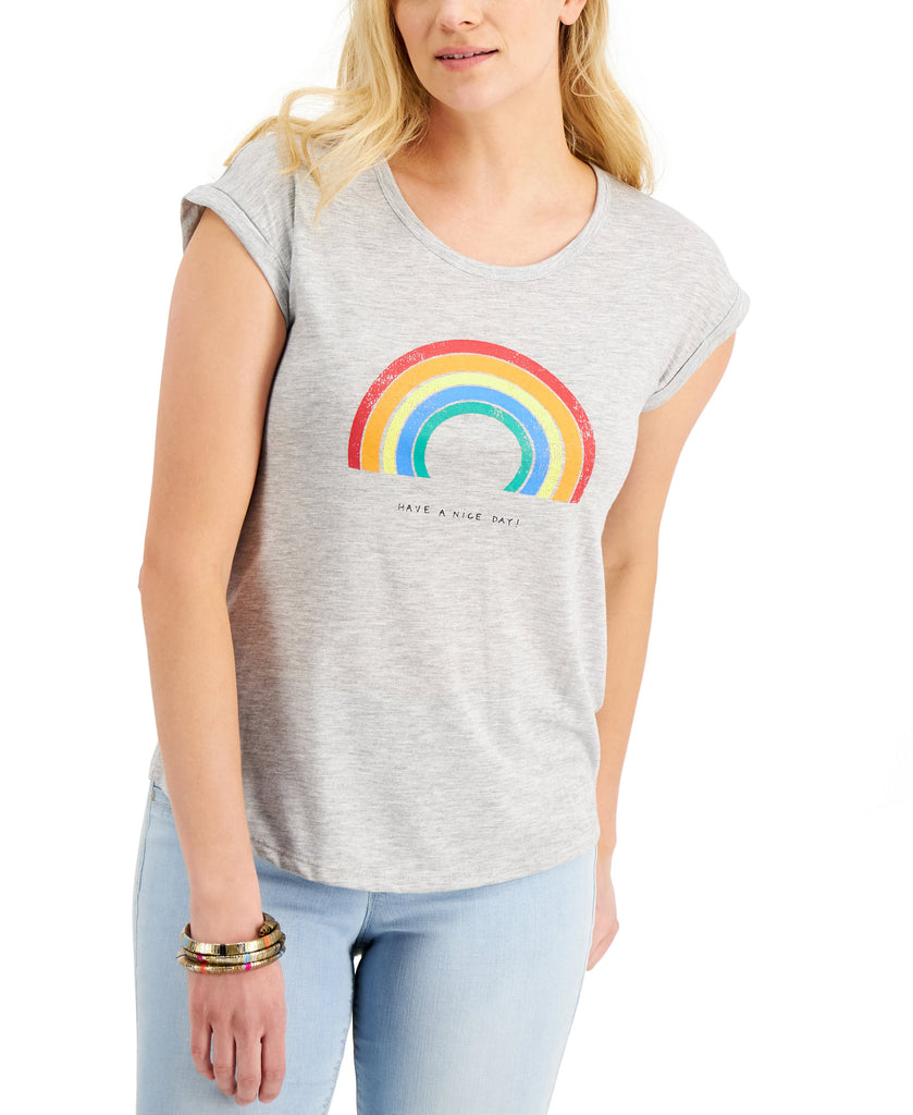 Style & Co Women Petite Graphic Print Scoop Neck T Shirt Rainbow days