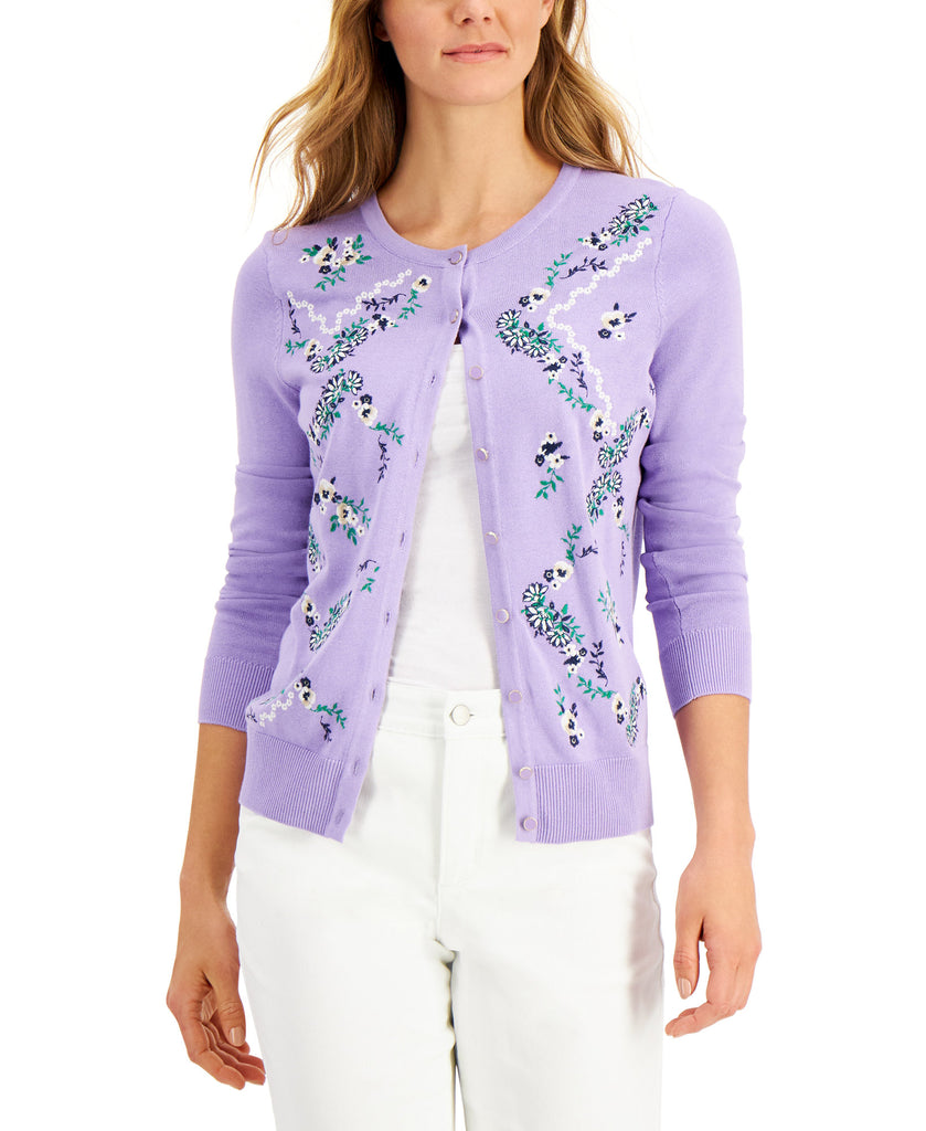 Charter Club Women Embroidered Floral Cardigan Lavender Bliss