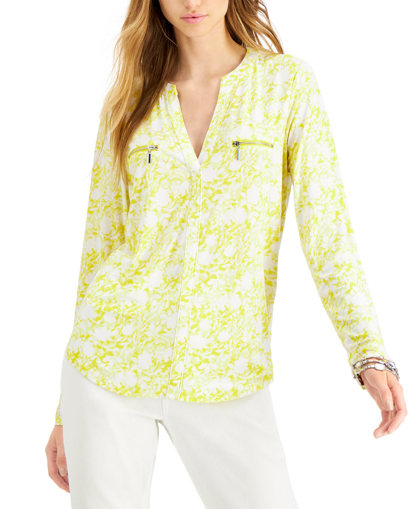 INC International Concepts Women Floral Printed Zip Detail Top Willow Ditsy