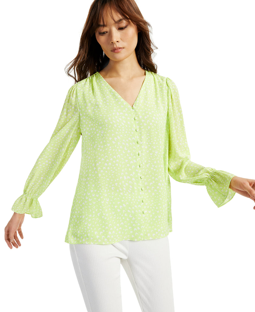 Alfani Women Printed V Neck Poet Blouse Green Mini Waves