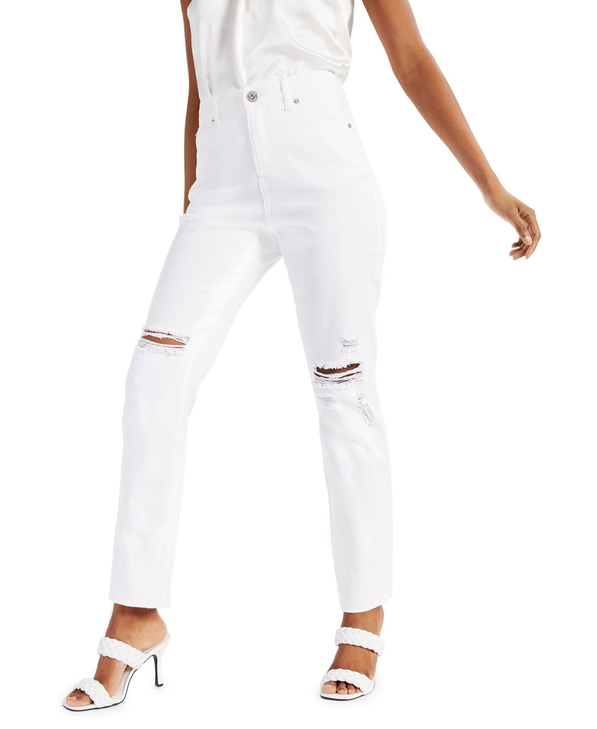 INC International Concepts Women Ripped Straight Leg Jeans Bright White