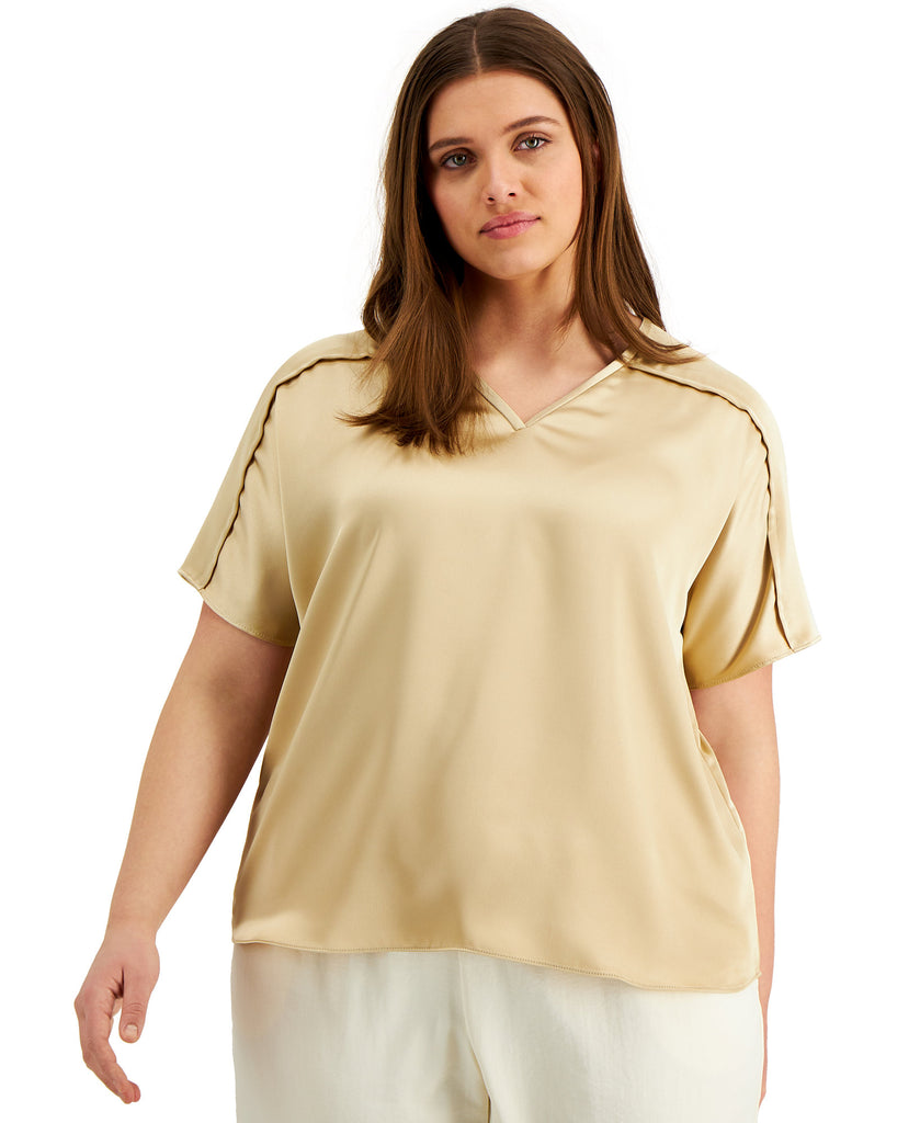 Alfani Women Plus V Neck Top Cream Beige