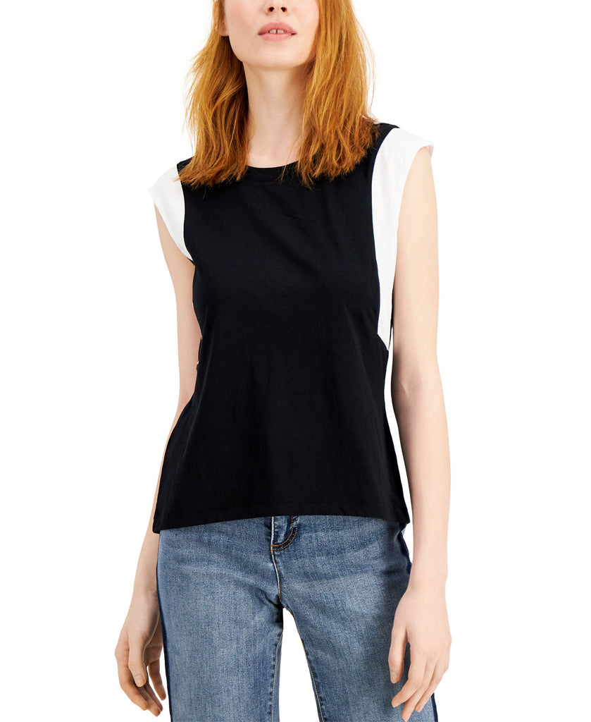 INC International Concepts Women Cotton Colorblocked Top Deep Black