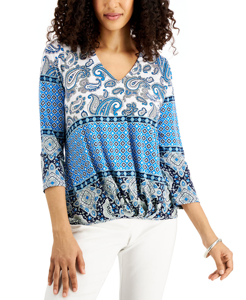 JM Collection Women Printed 3 4 Sleeve V Neck Top Blue Combo