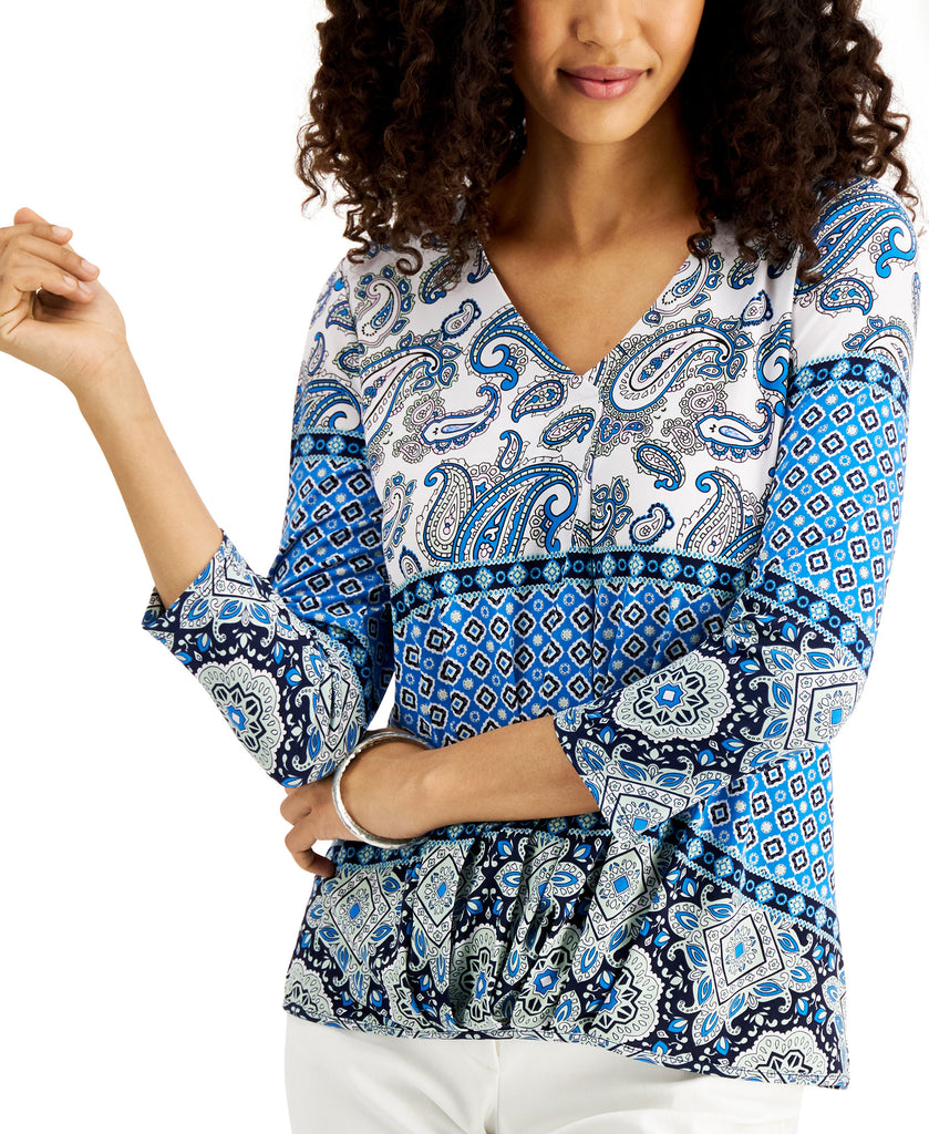 JM Collection Women Printed 3 4 Sleeve V Neck Top