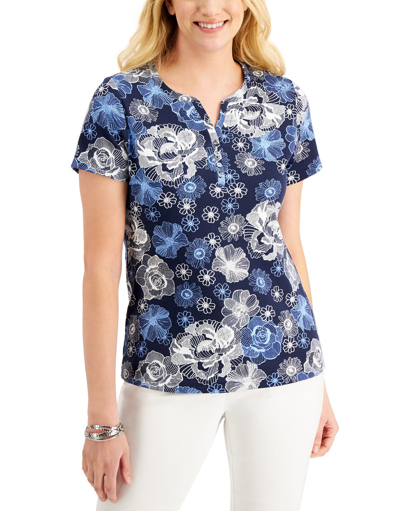 Karen Scott Women Floral Split Neck Top Intrepid Blue