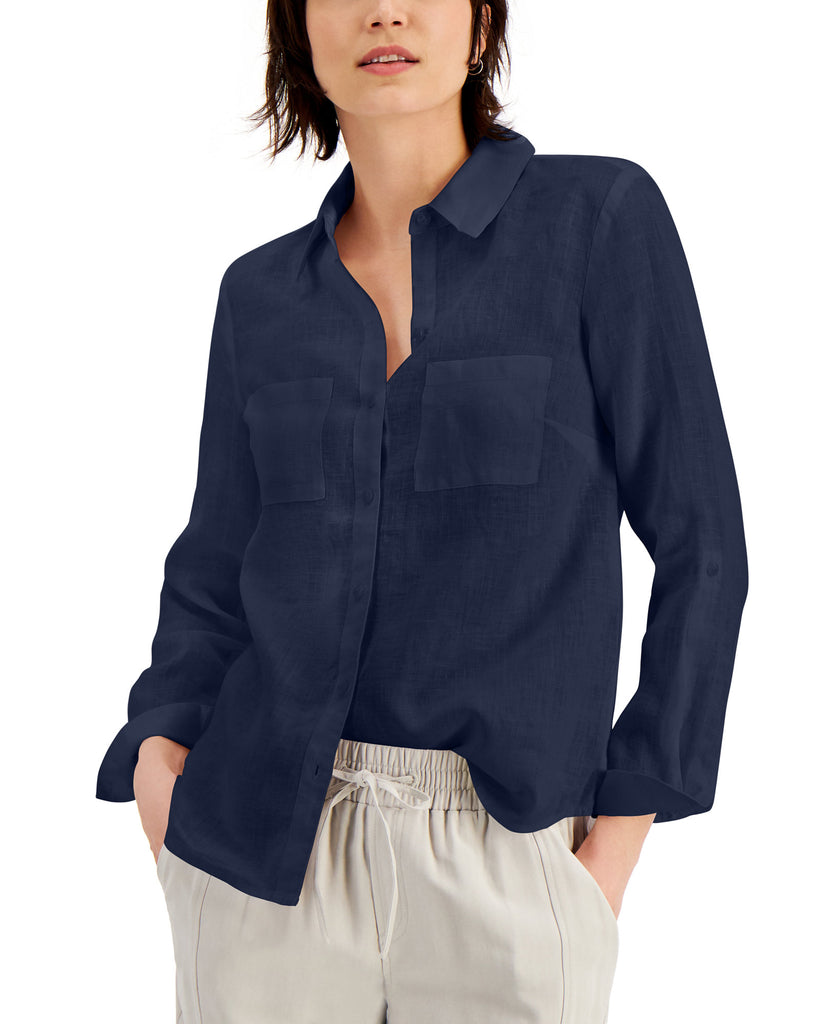 INC International Concepts Women Linen Roll Tab Shirt Indigo Sea