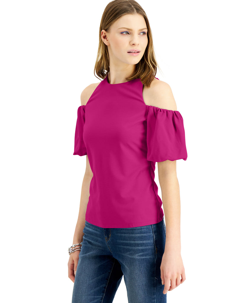 INC International Concepts Women Cold Shoulder Balloon Sleeve Top Jazzy Pink