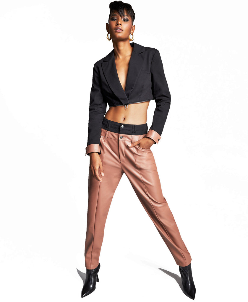 Bar III Women Double Waistband Faux Leather Pants Clove Spice