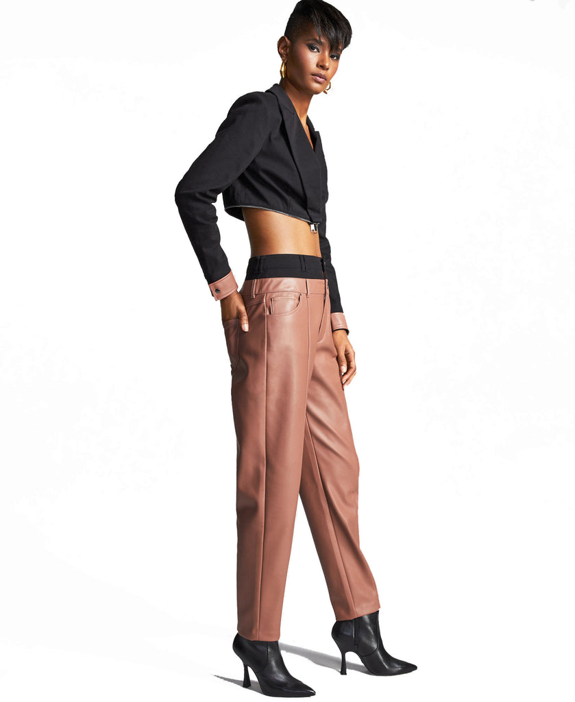 Bar III Women Double Waistband Faux Leather Pants