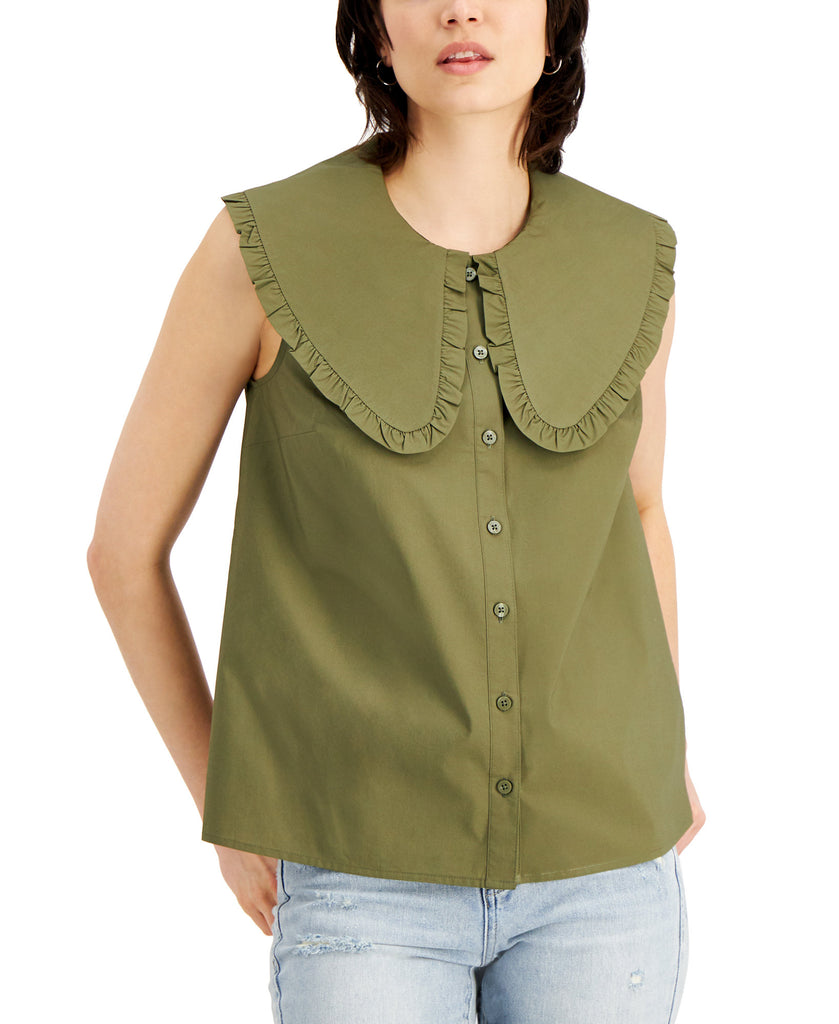 INC International Concepts Women Ruffle Collar Top Burnt Olive