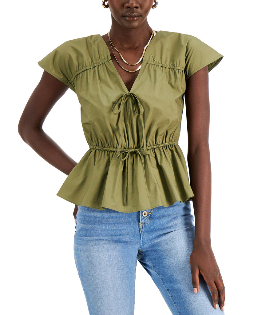 INC International Concepts Women Ruched Cotton V Neck Blouse Burnt Olive