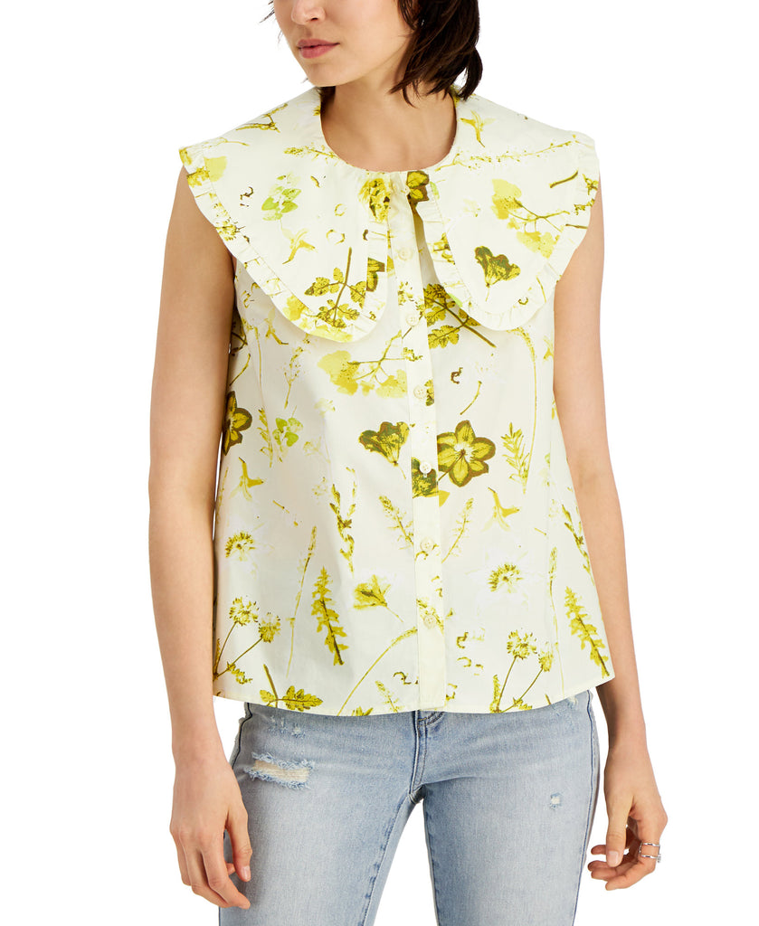 INC International Concepts Women Floral Print Cotton Ruffle Collar Top Camille Botanic