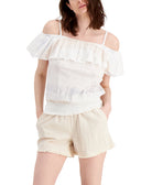 INC International Concepts Women Ruffled Cold Shoulder Smocked Top Danielle Dye