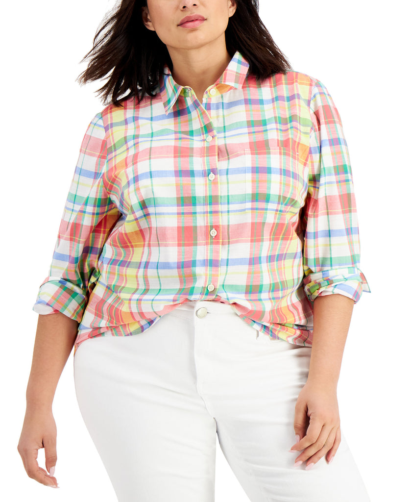 Style & Co Women Cotton Plaid Button Down Shirt Coconut Cream