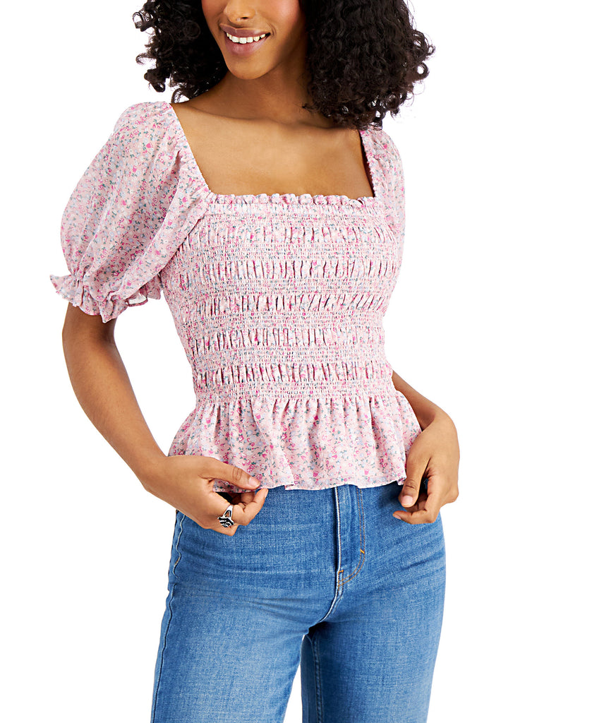 LEYDEN Women Printed Puff Sleeve Smocked Top Mauve Floral