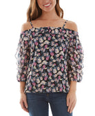 BCX Women Floral Print Ruffled Cold Shoulder Top Black Floral Print