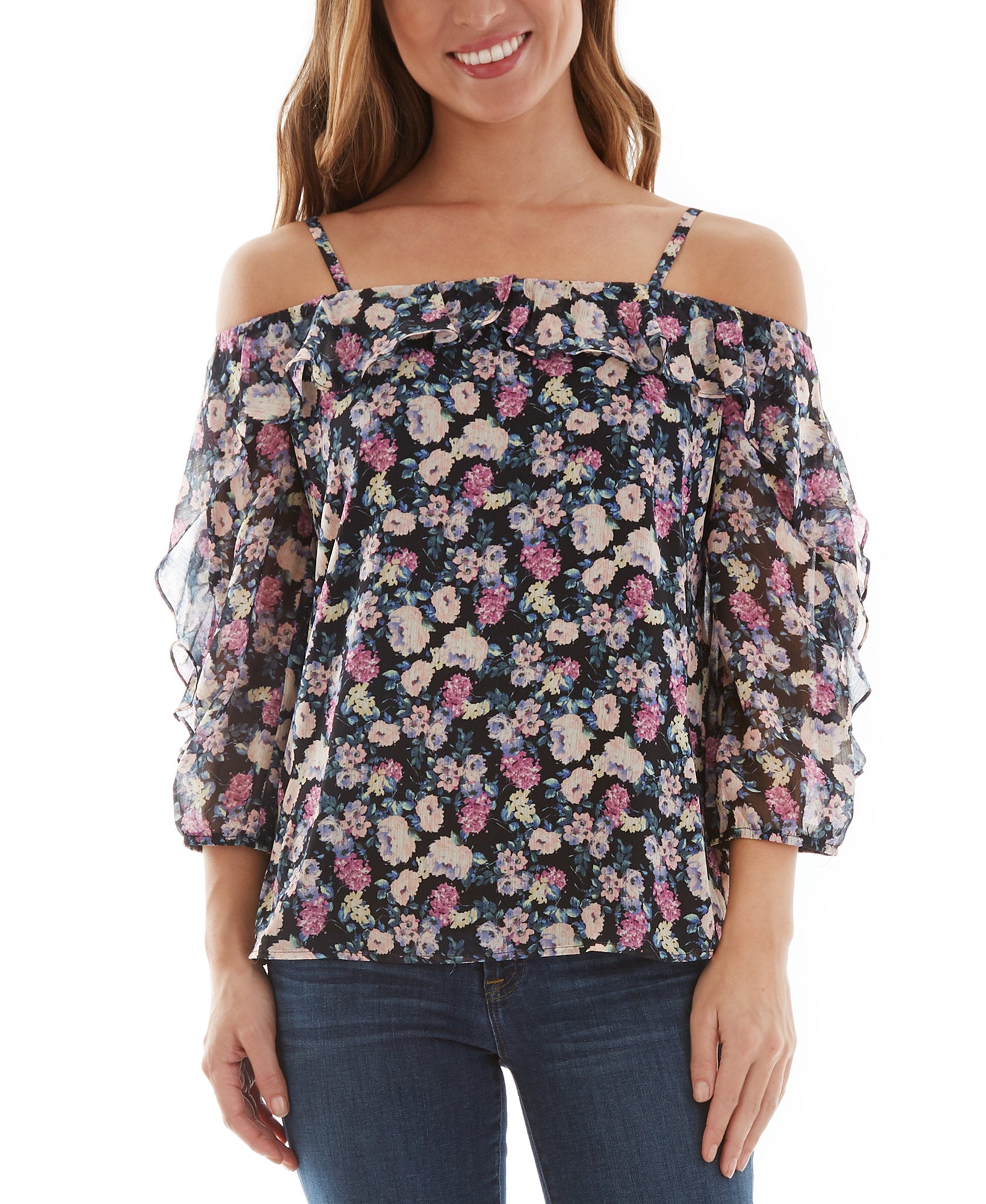 BCX Women Floral Print Ruffled Cold Shoulder Top Black Floral Print