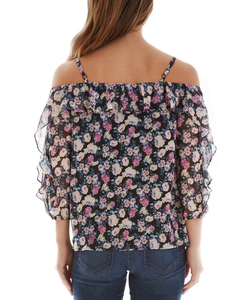 BCX Women Floral Print Ruffled Cold Shoulder Top