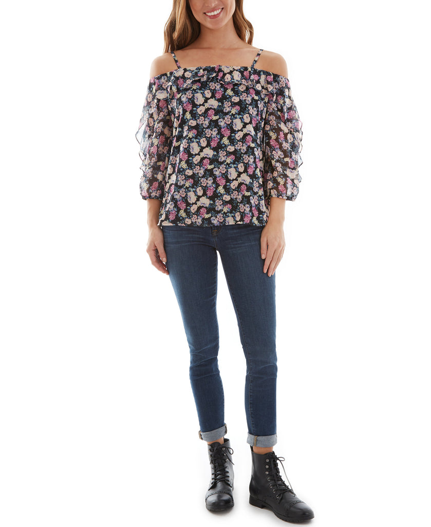 BCX Women Floral Print Ruffled Cold Shoulder Top