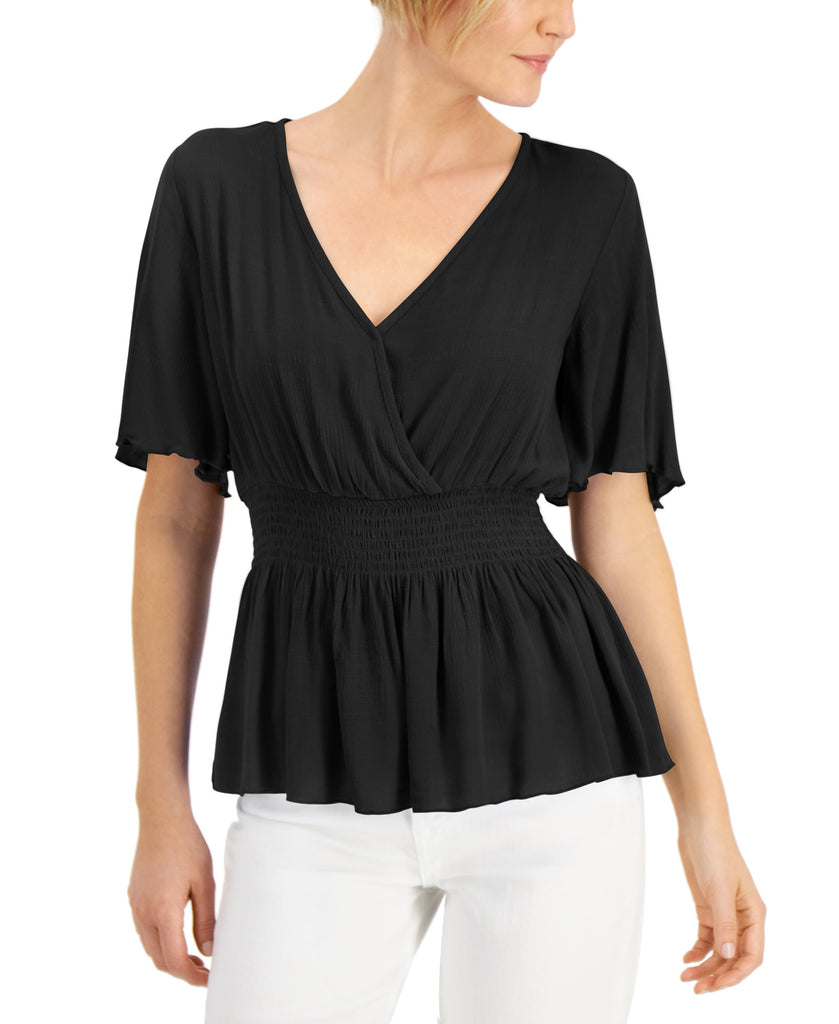 JPR Studio Women Smocked Surplice Peplum Top Black