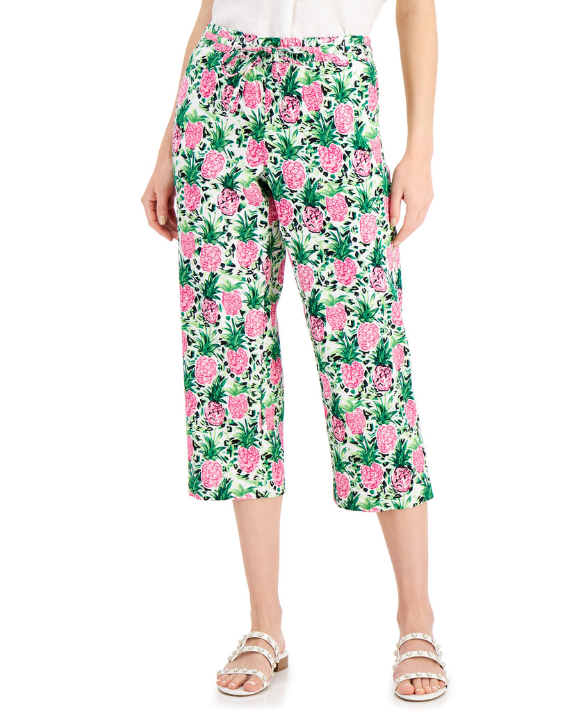 Charter Club Women Cropped Floral Print Pants Bright White Combo