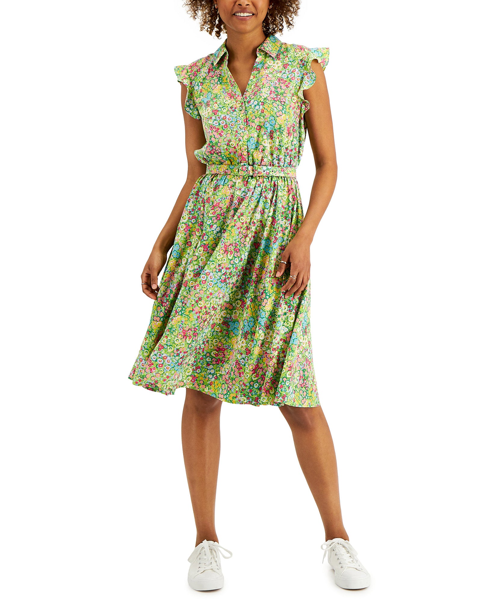 Charter Club Women Printed Ruffled Sleeve Dress Bright Pine Combo