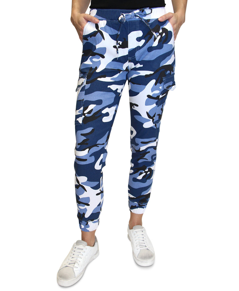 Almost Famous Women Camo Print Cargo Jogger Pants Blue Camo