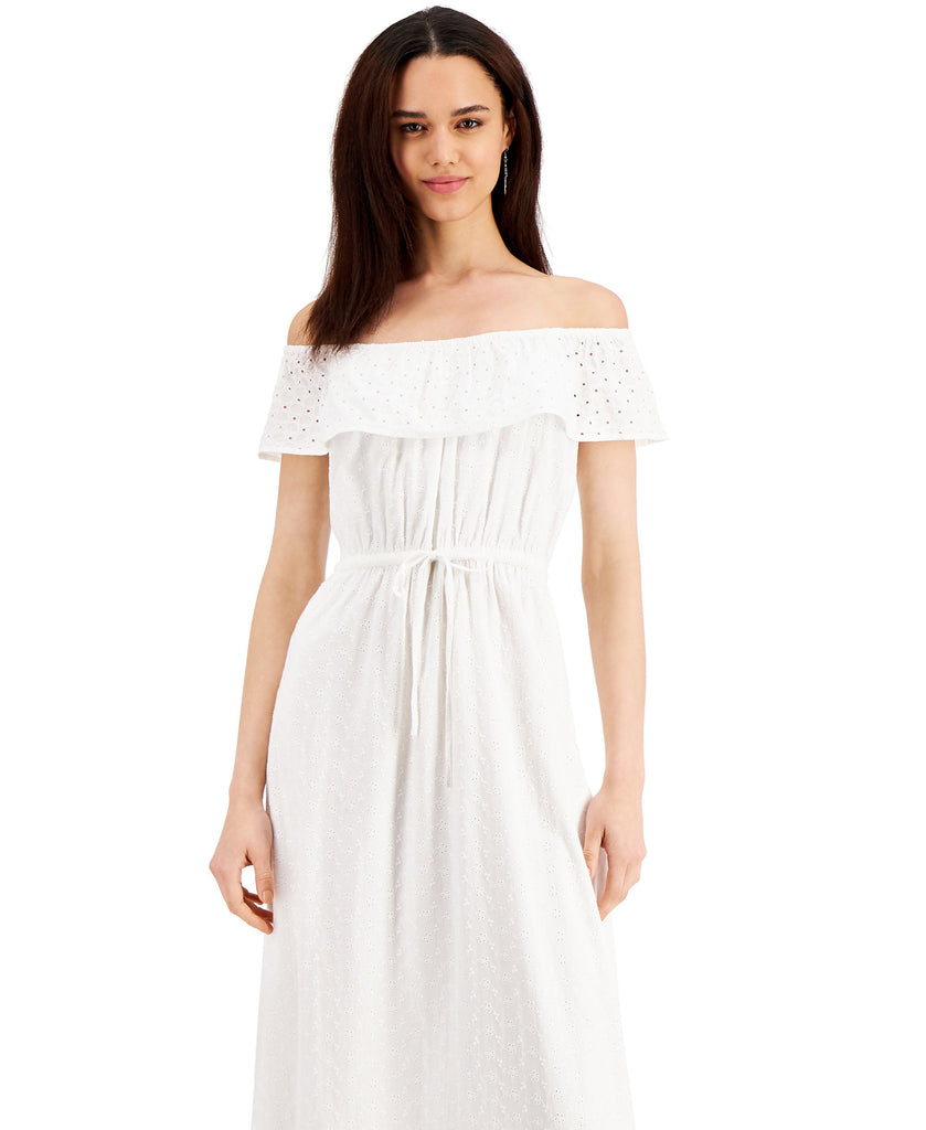 Style & Co Women Petite Cotton Off The Shoulder Eyelet Maxi Dress