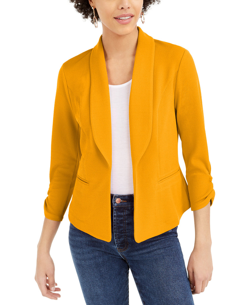 Bar III Women Knit Crepe Ruched Sleeve Blazer Yellow Blast