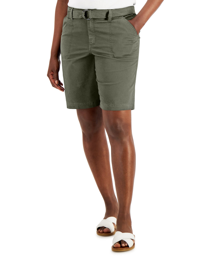 Karen Scott Women Belted Pocket Shorts Olive Sprig