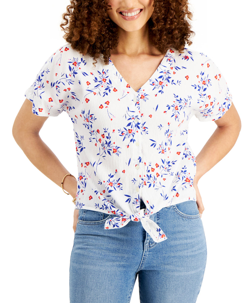 Style & Co Women Tie Front Floral Top Bright White