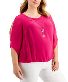 JM Collection Women Plus Bubble Hem Split Sleeve Necklace Top Bold Berry