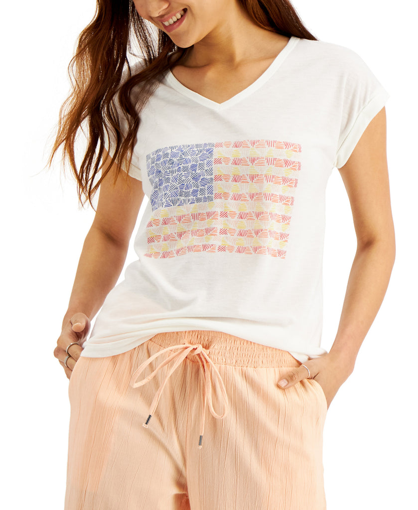 Style & Co Women Petite Graphic Cuffed T Shirt Line Flag