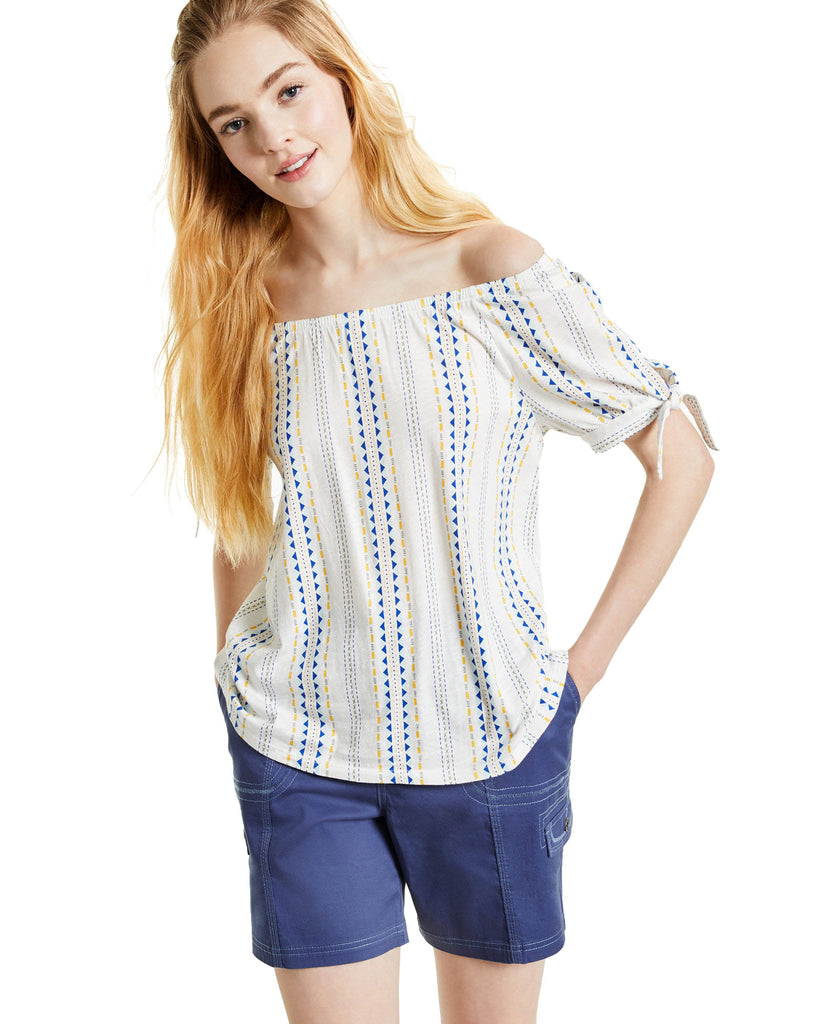 Style & Co Women Printed Tie Cuff Top Stamp Stripe