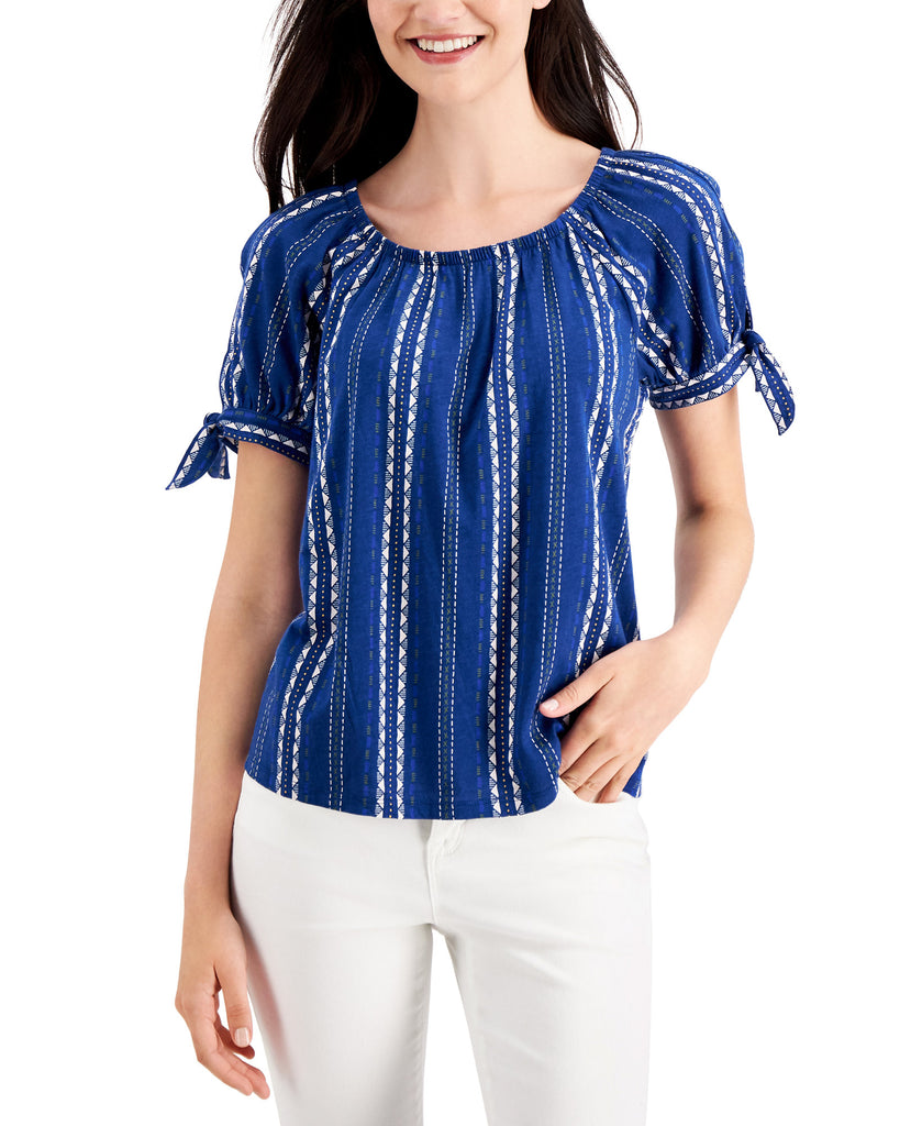 Style & Co Women Petite Off The Shoulder Top Stamp Stripe Blue